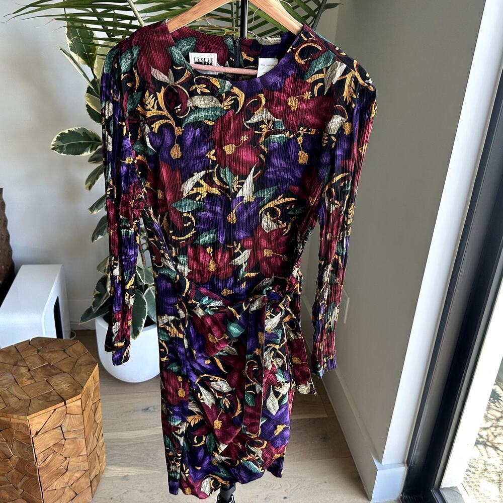 Leslie Fay Vintage Floral Long Sleeve Midi Dress S 12 Tie Waist Cottage Garden